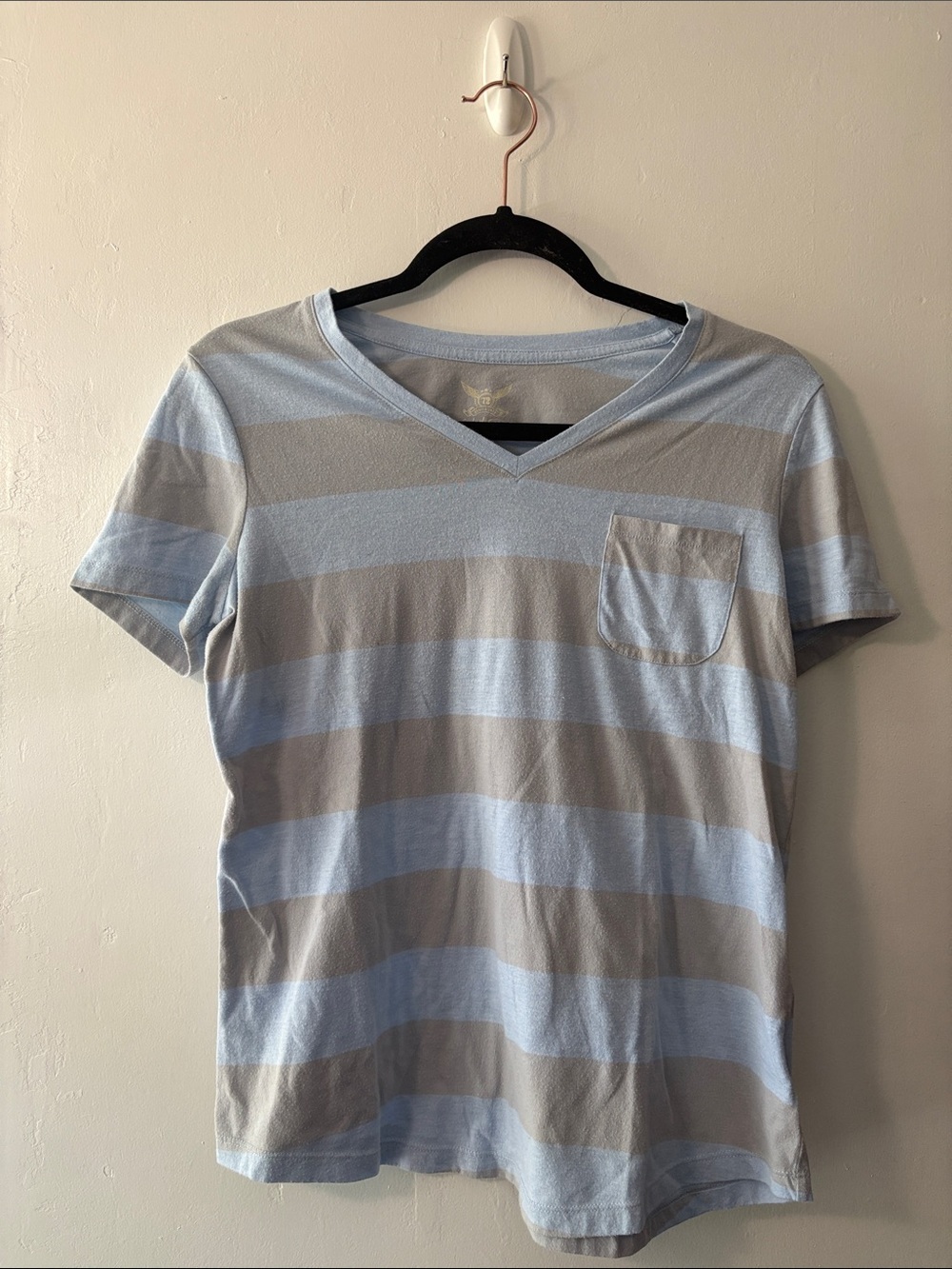 Faded Glory V-Neck Short Sleeve Stripe Tee - Light Blue & Gray